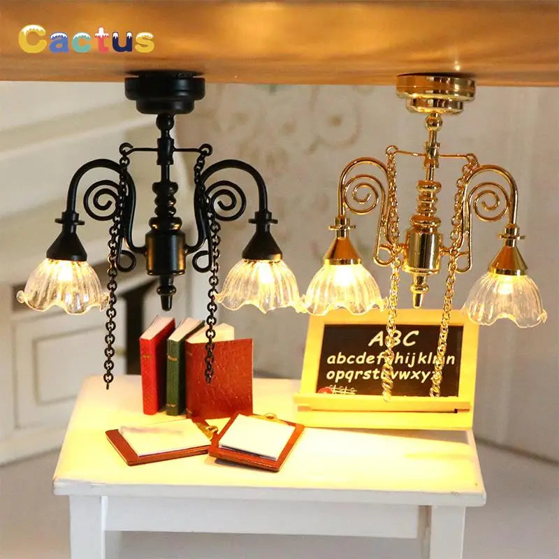 1:12 Dollhouse Miniature LED Lamp Ceiling Lamps Chandelier Droplight Lighting Home Furniture Model Doll House Decor Toy