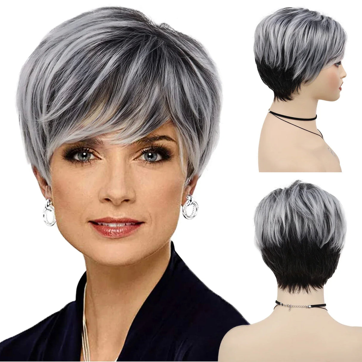 GNIMEGIL Synthetic Short Pixie Cut Wig Women Natural Hairstyle Bangs Wig Blonde Mix Brown Soft Straight Wig for Chemo Patient