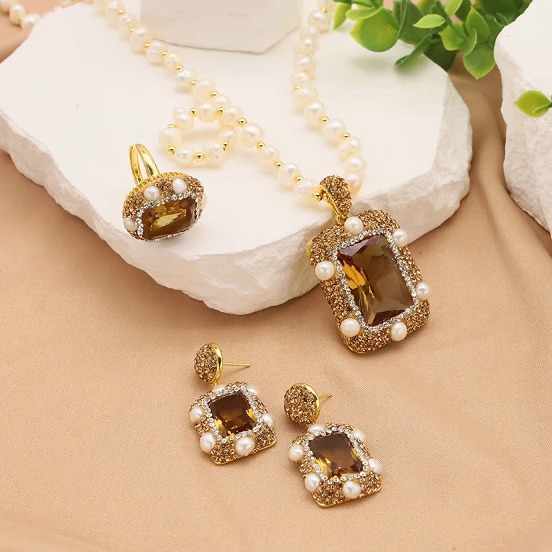 GLSEEVO Natural Baroque Shaped Pearl Women Jewelry Necklace Bracelet Earring Ring Set Rhinestone Inlaid Luxury Dress Jewelry