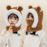 New Children's Hat Cartoon Bear Ear Flags Pullover Cap for Boys and Girls' Baby Winter Hats Scarf Kids Plush Warm Cute Fur Cap