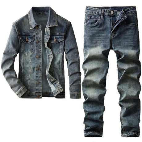 Classic Simple Men's Jeans Suit Retro Blue Denim Jacket and Pants 2-Piece Set Autumn Winter American Style Slim Fit Streetwear