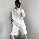 Men Sets Solid Summer Loose Tshirts Shorts 2 Piece Set Zipper Polo Shirt Men's Tracksuit Streetwear for Unisex Simple Casual Set