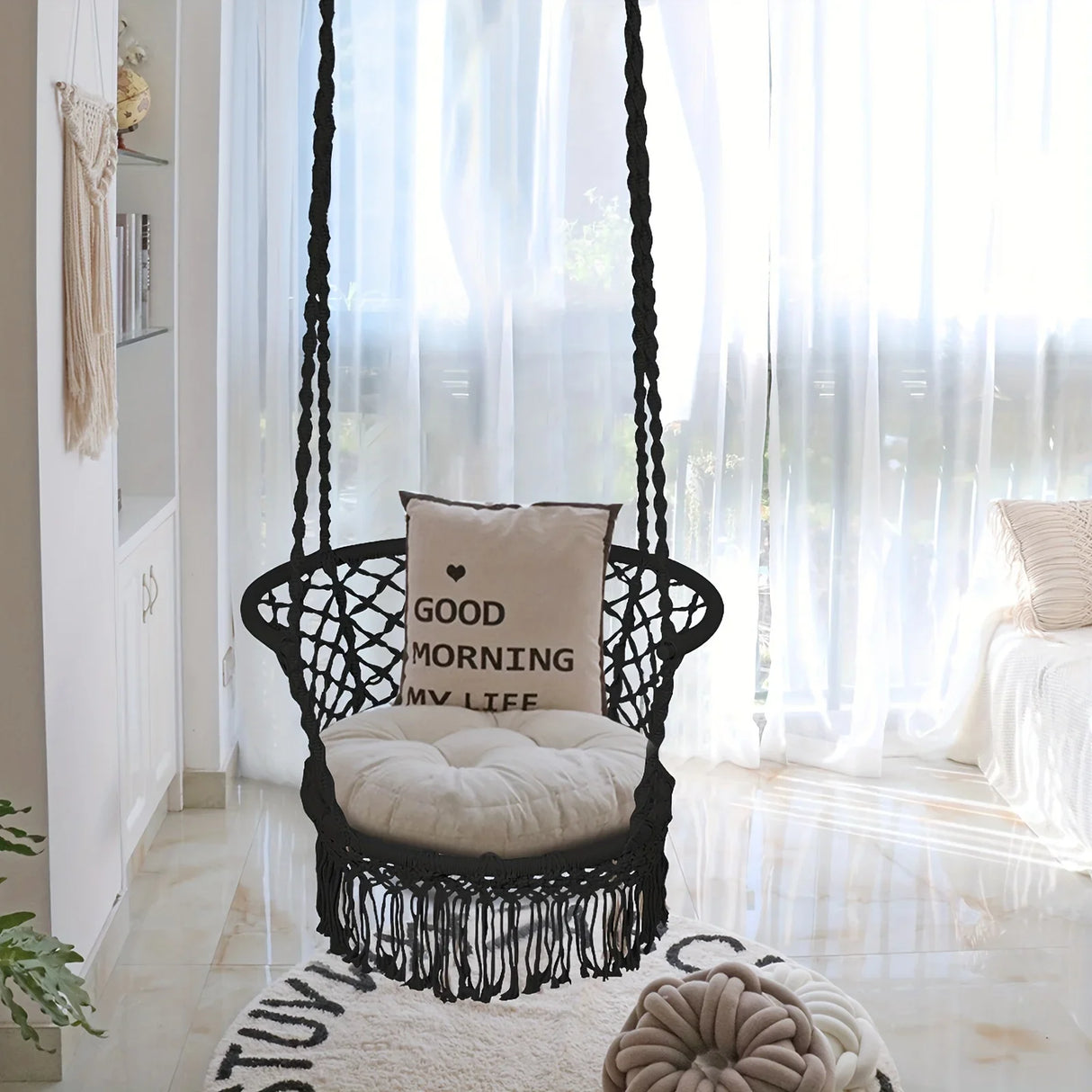 1pc Hanging Hammock Chair, Cotton Rope, Macrame Swing, Indoor Outdoor Black