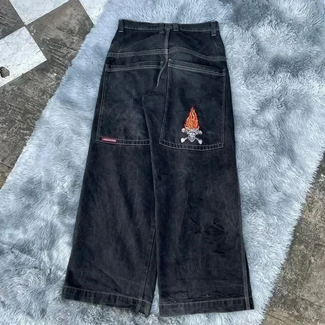 JNCO Jeans Y2K Mens Streetwear Harajuku Hip Hop Retro Skull Embroidered Baggy Jeans New Gothic High Waist Wide Leg Trousers