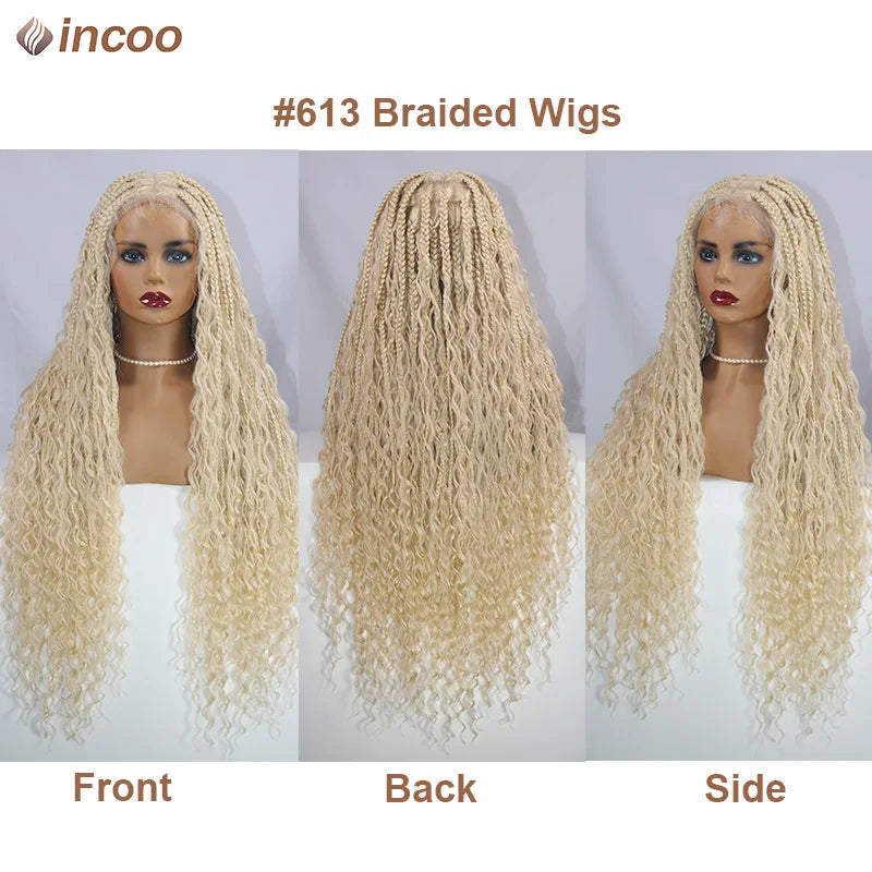 Blonde Bohemian Box Braids Wigs With Curly Hair Synthetic Braid Lace Frontal Wigs Goddess Locs Braided Wigs Burgundy Hair 32"