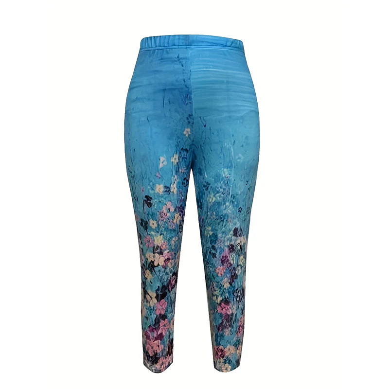 Plus Size Casual Capri Leggings, Women's Plus Floral Print High Rise Skinny Capri Leggings