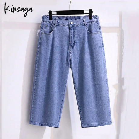 Plus Size Capris Jeans Bermudas Women 7xl Extra Large Simple Classic Elastic High Waist Straight Leg Cropped Demin Pants Female