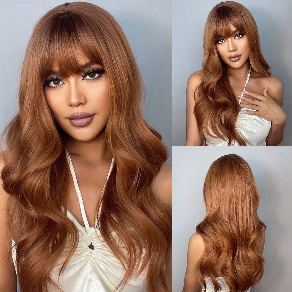 EASIHAIR Light Orange Synthetic Wigs Long Wavy Ombre Natural Hair Wigs with Bangs for Women Cosplay Lolita Wig Heat Resistant