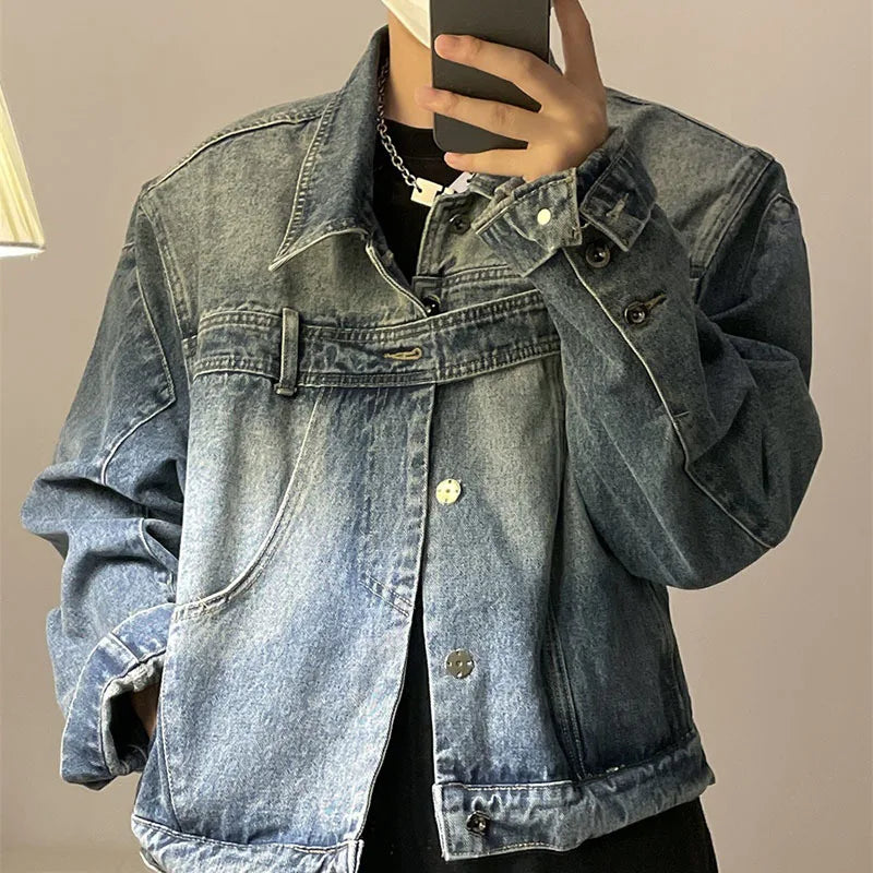 FEWQ Men's Design Denim Jacket American 2023 Vintage Turn-down Collar Belt Design Single Breasted Male Coat High Street 24X1972