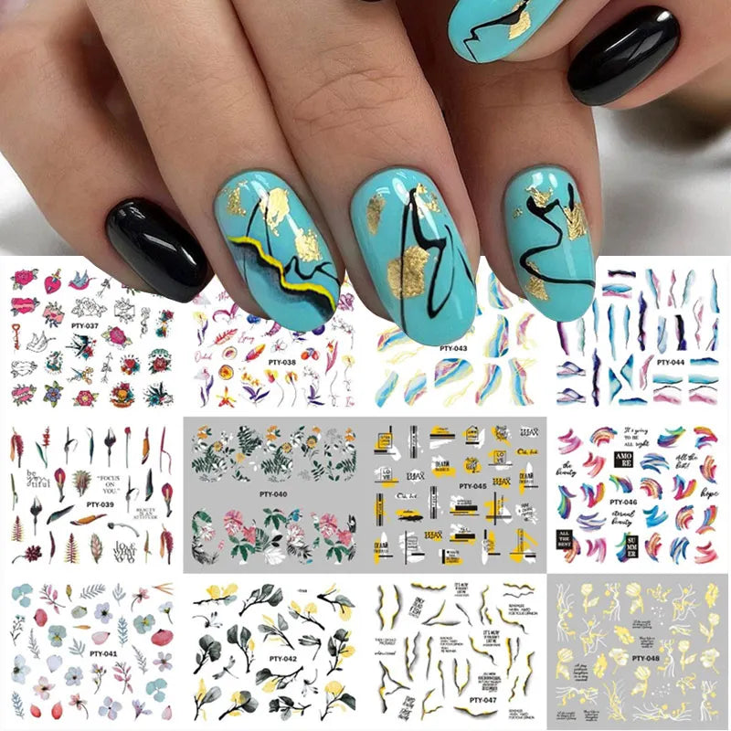 12 Designs Nail Stickers Set Mixed Floral Geometric Nail Art Water Transfer Decals Sliders Flower Leaves Manicures Decoration