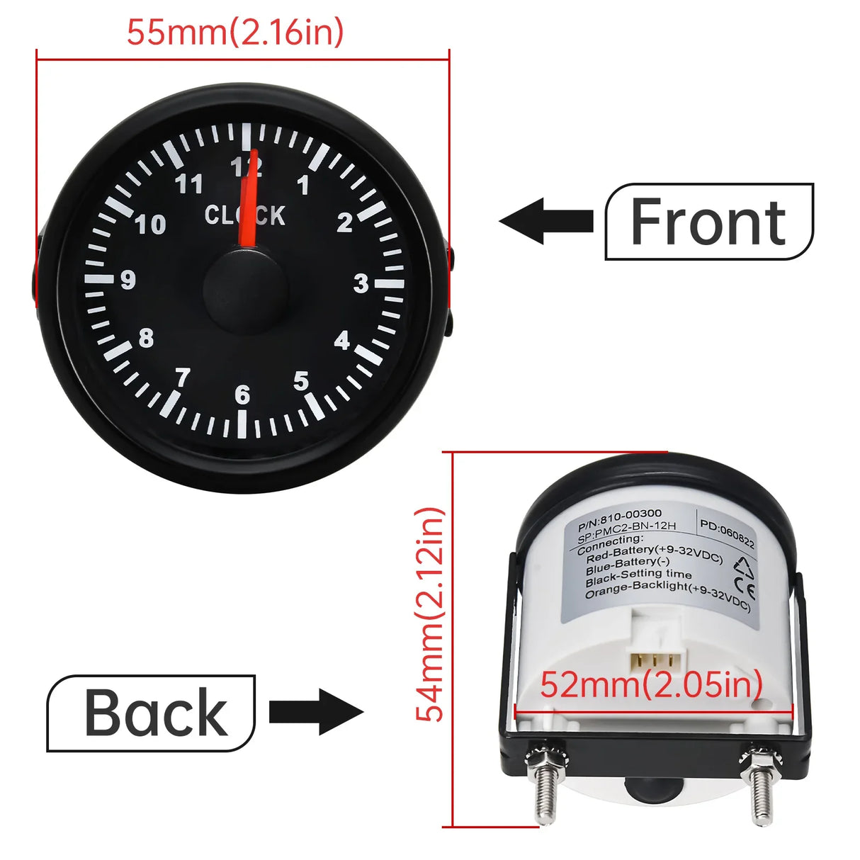 52mm 2inch Clock Gauge 12Hours For Cars Boat Truck With Red Backlight Waterproof Clock Meter Car Gauges boat clock 12V/24V