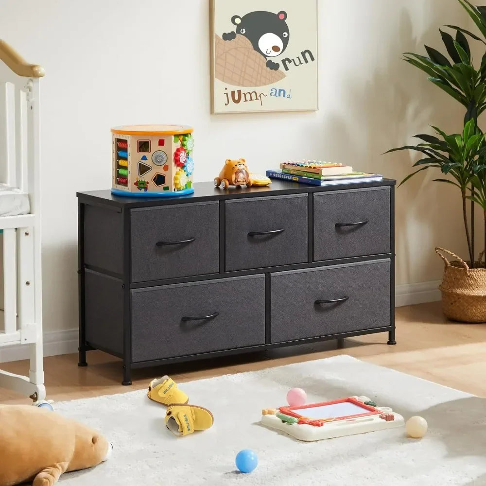 Dresser for Bedroom With 5 Fabric Drawers Commodes Kidsroom Furniture Toilet Furniture Makeup With Light Vanity Chair Wood Top