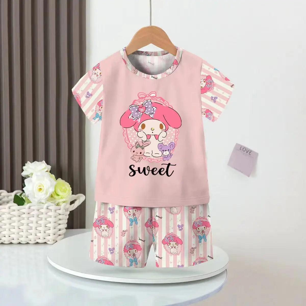 Anime Summer Kids Ice Silk Pajamas Kawaii MyMelodys Kuromis Cinnamorolls Cartoon Short Sleeve Cardigan Loungewear Set