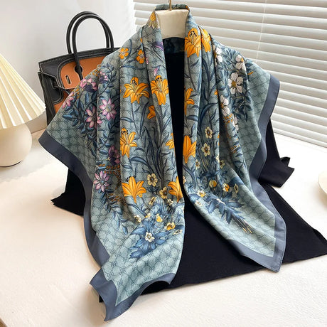 Luxury Women 90x90CM New Twill Silk Big Square Scarf Shawl Fashion Printed Design Summer High Quality Ladies Sunscreen Scarves