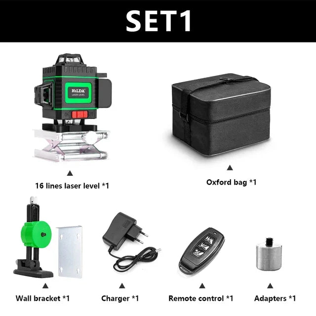 HILDA 12/16 Lines 3/4D Laser Level Level Self-Leveling 360 Horizontal And Vertical Cross Super Powerful Green Laser Level