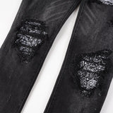 Men Bandanna Paisley Print Patch Jeans Streetweat Patchwork Holes Ripped Biker Pants Skinny Tapered Black Stretch Denim Trousers