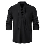 Spring Summer Men's Shirts Cotton Linen Long Sleeved Henley Shirt V Neck Casual Lace Up Tops Male Breathable Thin Bloluses