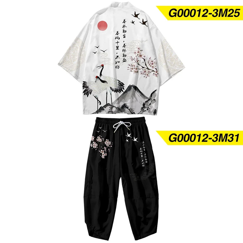 Two-piece Suit Plus Size S-6XL Loose Japanese Cardigan Women Men Cosplay Yukata Clothing Harajuku Samurai Kimono + Pants Sets