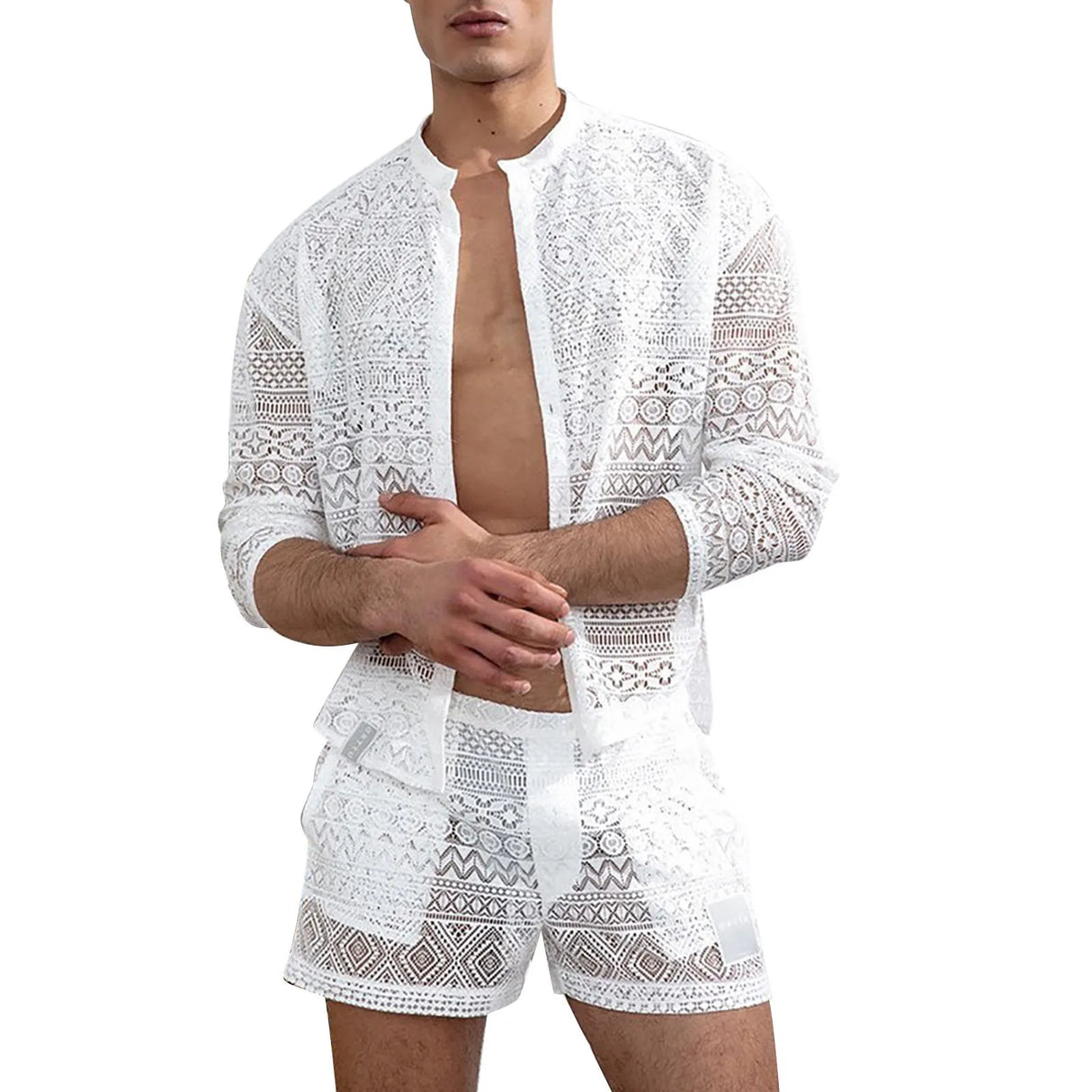 Hollow Out Sexy Lace Suit Fashion Long Sleeve Shirt Casual Shorts Men'S Clothing Suit Solid Color Matching Summer Suit For Male