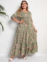 Plus Size Floral Print Half Sleeve Split Hem Maxi V Neck Long Dresses For Women