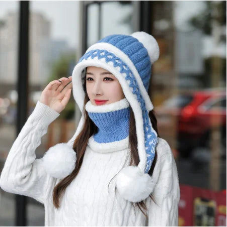 New Knitted Hat Thick Warm Earflap Hats Scarf 2Pcs Set Fleece Lined Ball Pompom Skullies Beanies Women Winter Rabbit Fur Cap