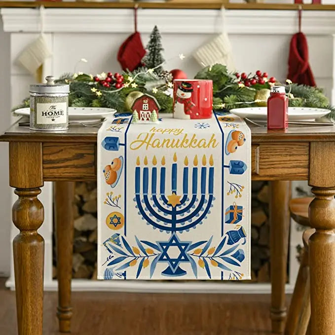 Happy Hanukkah Menorah Table Runner, Seasonal Chanukah Kitchen Dining Table Decoration for Outdoor Home Party