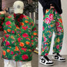 Northeast Flower Printed Thickened Cotton-padded Jacket Couple Chinese Style Causal Loose High Street Parkas Pants Suit