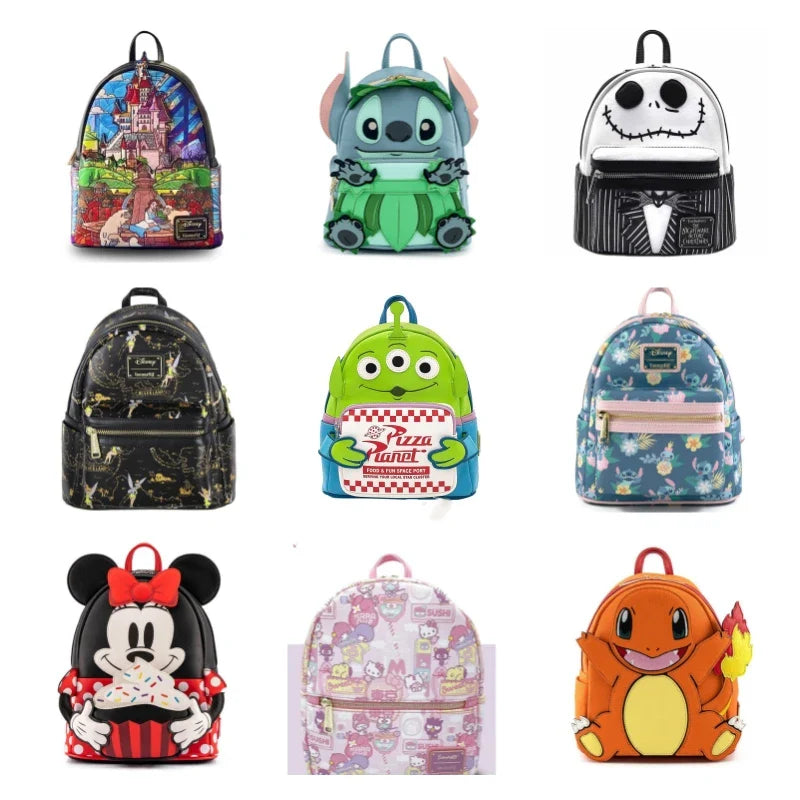 MINISO Disney Alice in Wonderland PU Leather Women Backpack Cartoon Ice Cream Stitch Baby Yoda Handbag Fantasy Figurines