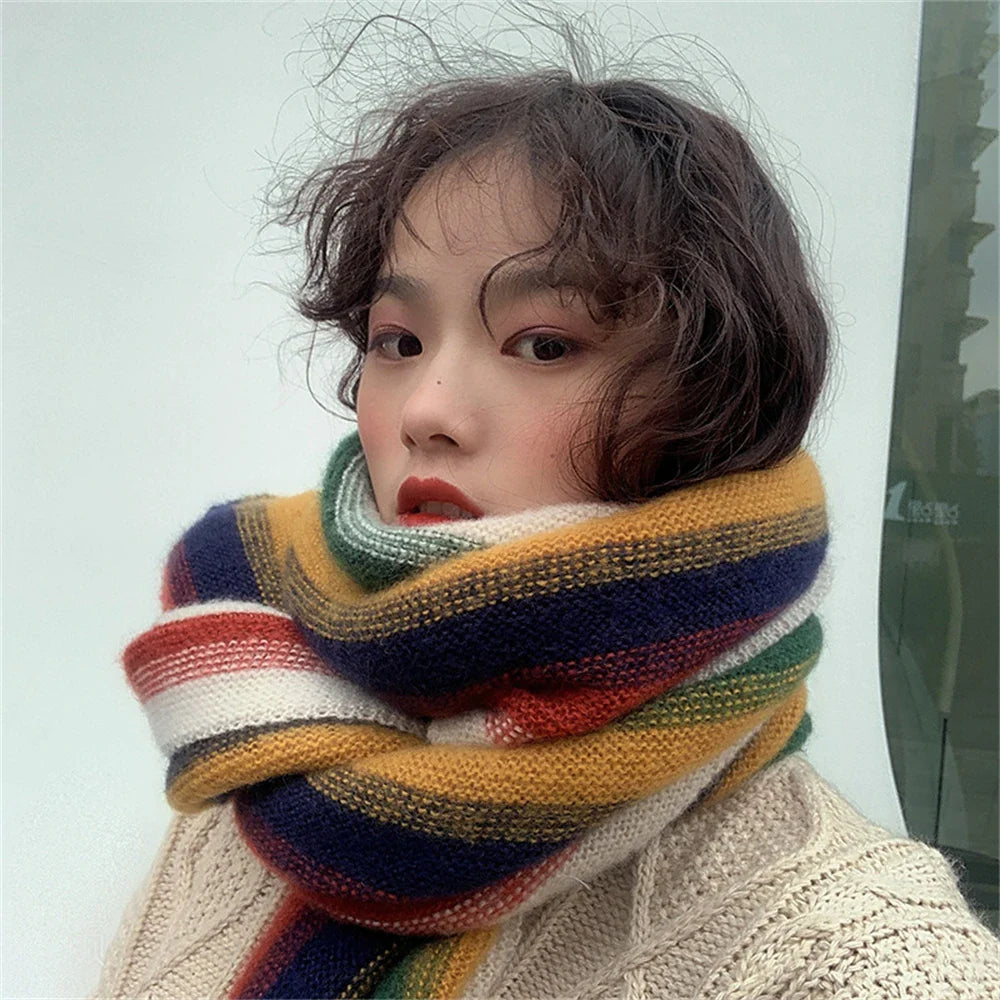 Rainbow Knit Scarf for Women Winter Thick Cashmere Stripe Shawl and Wrap Fashion Warm Streetwear Girl's Foulard Wool Scarves