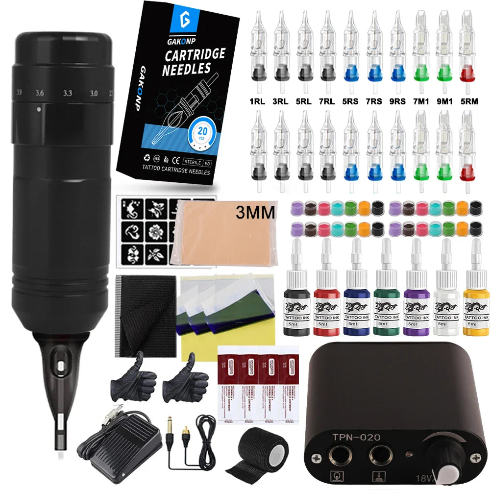 Complete Tattoo Machine Pen Kit Rotaty Tattoo Pen Set with Needle Stroke Adjustable 2.4-4.2mm with Digital Display Power Supply