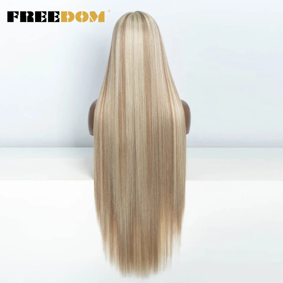 FREEDOM Synthetic Lace Frontal Wig For Women 38 Inch Long Straight Ombre Brown Red Ginger Hightlight Lace Front Wigs Cosplay Wig