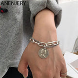 ANENJERY Silver Color Round Coin Bracelet for Women Men Thick Chain Thai Silver Bracelet Gifts