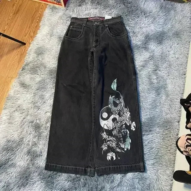 JNCO Jeans Y2K Mens Streetwear Harajuku Hip Hop Retro Skull Embroidered Baggy Jeans New Gothic High Waist Wide Leg Trousers