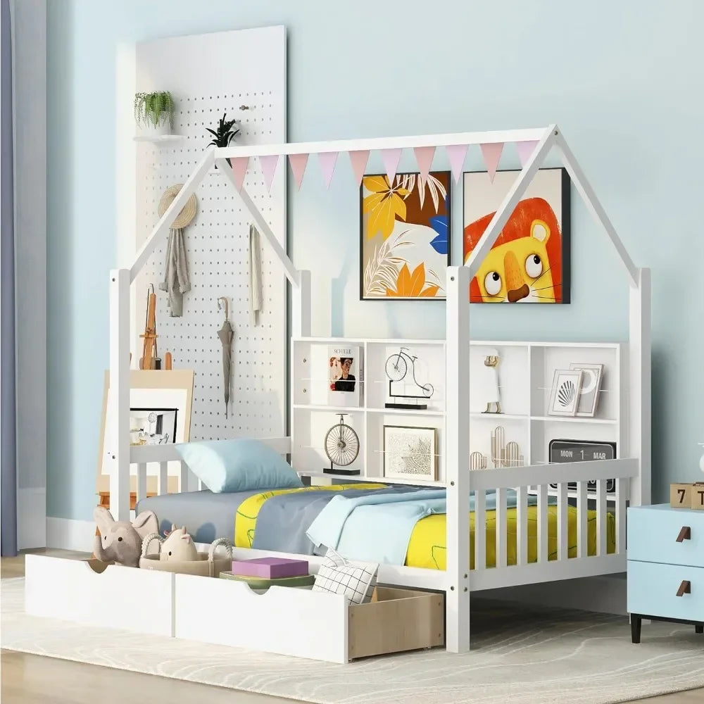 Twin Room Bed with Drawers for Children, Wooden Children's Bed Frame with Roof Design, Suitable for Boys, Girls (twin, White)