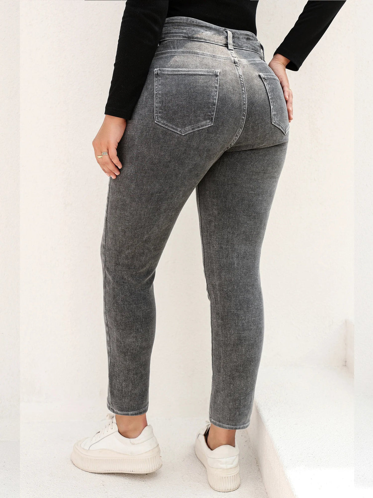 Plus Size Gray Jeans for Women Stretchy High Waist Mom Jeans Harem Full Length Washing Denim Jeans Curvy Fitting 100 Kgs Jeans