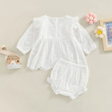 0-24M Toddler Baby Girl Clothes Set Solid Color Cutout Round Neck Long Sleeve T-shirt Tops and Elastic Casual Ruffle Shorts