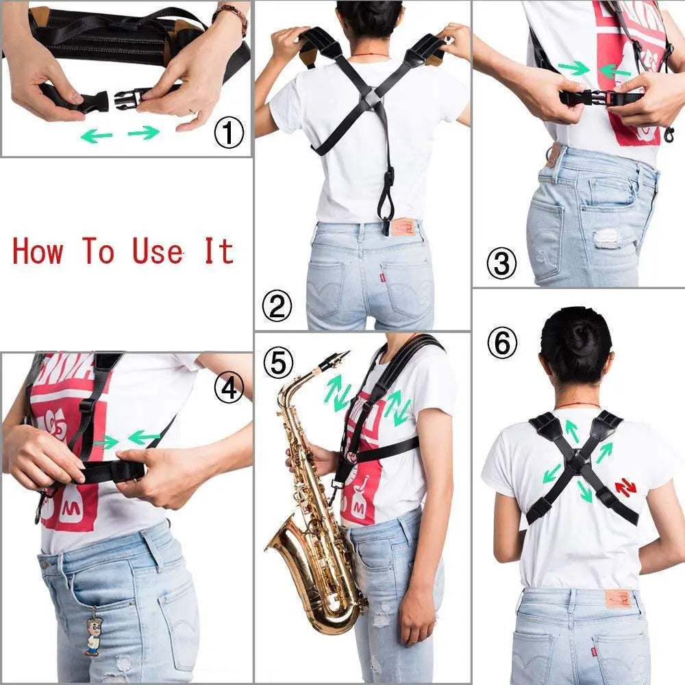 Miwayer Saxophone Strap Universal Double Shoulder Leather Strap for Sax Adjustable Padded Harness Strap for Alto Tenor Sopranoe