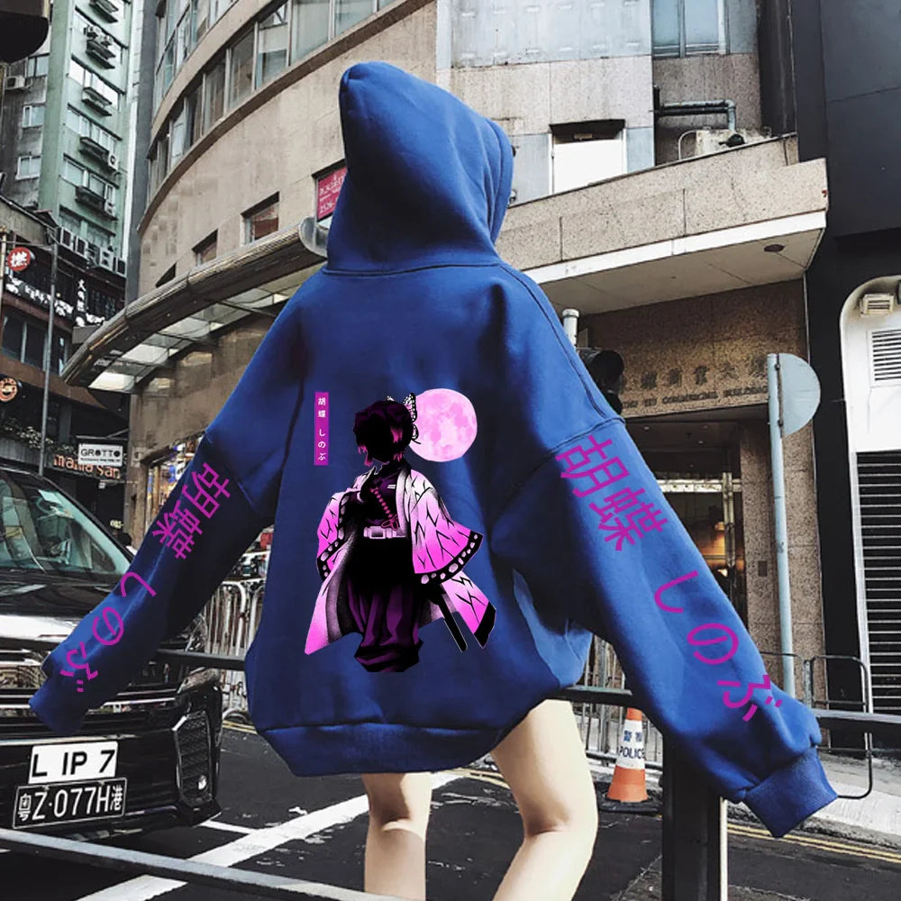 Kochou Shinobu Women Zip Hoodies Winter Autumn Casual Zipper Jacket Harajuku Demon Slayer Plus Size Sweatshirt Female Pullover