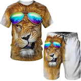 2023 Men T-shirt Set Tracksuit Training Wear Lion Pattern T-Shirt Shorts Casual Suit Oversized 2 Piece Set Sports Men Clothes