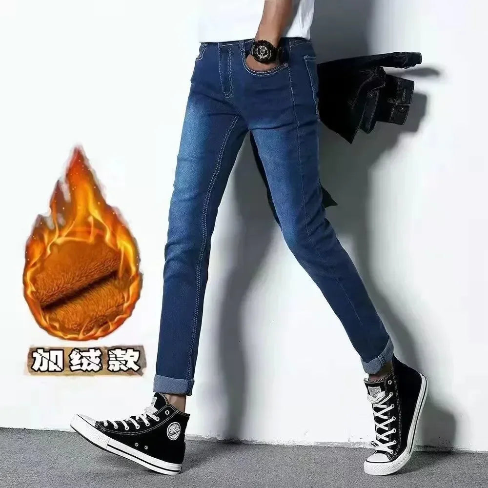 Autumn and Winter Plush Wool Korean Fashion Men Skinny Jeans Men Brushed Denim Fleece Slim Keep Warm Thick Pants Trousers Jeans