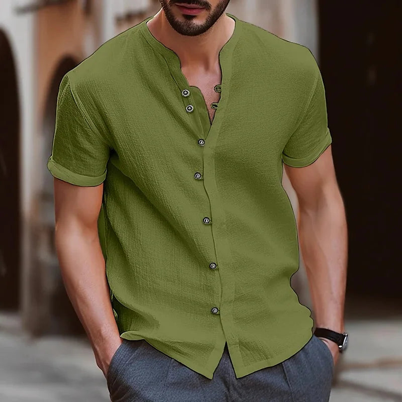 2023 Hot selling men Hawaii new fashion design men's casual retro buttons solid color cotton linen breathable short-sleeved shir