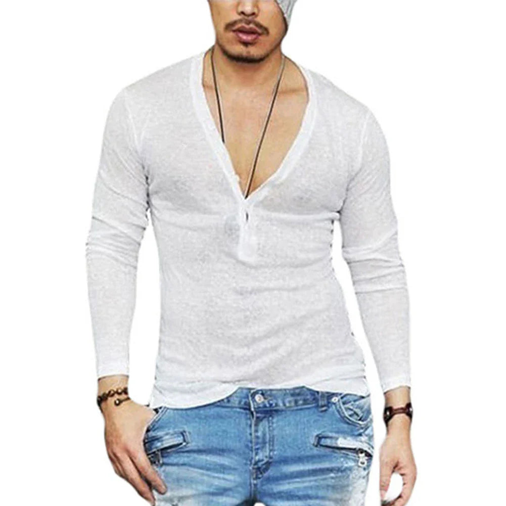 Mens Plain Slim Fitness Long Sleeve T-shirt Deep V Neck Button Tops Muscle Tee Blouse See Through Shirts Male Casual Tees Tops