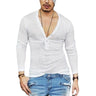 Mens Plain Slim Fitness Long Sleeve T-shirt Deep V Neck Button Tops Muscle Tee Blouse See Through Shirts Male Casual Tees Tops