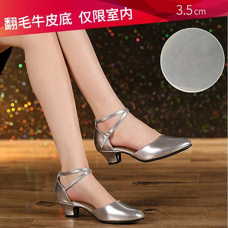 Women Glitter Leather Latin Dance Shoes Closed Toe Soft Sole Salsa Modern Shoe Tango Ballroom Dancing Shoes 3.5cm/5.5cm  Heel