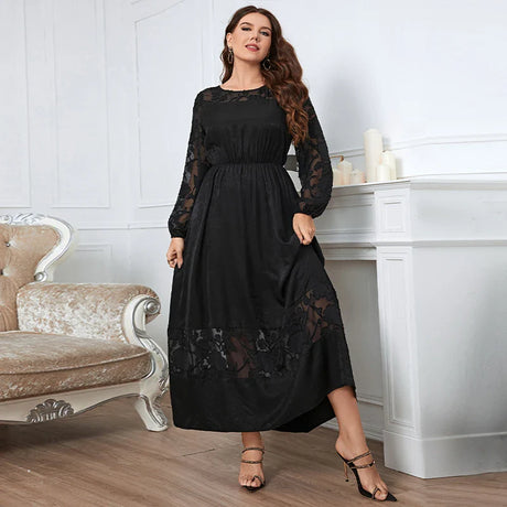 New Sexy Lace Long Sleeve Luxury Clothes For Women O-neck Black Plus Size Evening Dress Viscose Party Autumn Maxi Vintage Dress