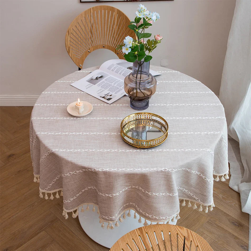 Three-dimensional Jacquard Checkered Round Tablecloth,Cotton Linen Tassels Dust-Proof Table Cover,For Dinner Party Wedding Decor