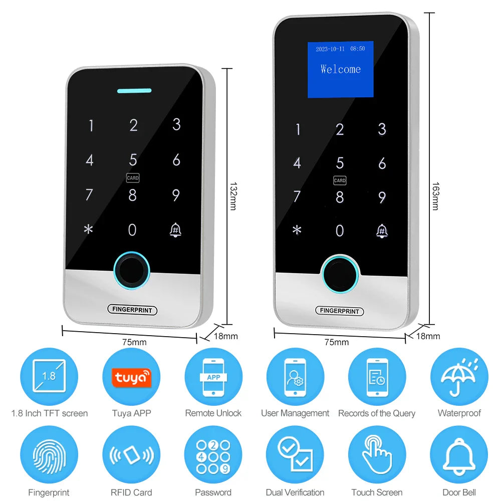 Bluetooth Tuya APP Smart Fingerprint RFID Access Control Keypad Touch IP65 Waterproof 13.56MHz Door Opener Keyless Lock System