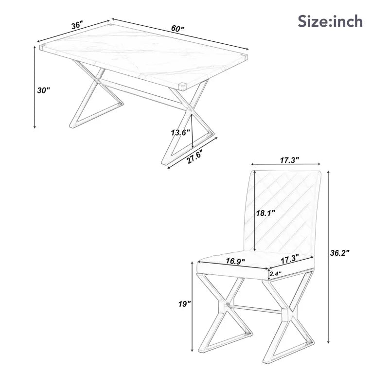 White 7-Piece Modern Dining Table Set, Rectangular Marble Kitchen Table and 6 PU leather Chairs, For indoor restaurant furniture