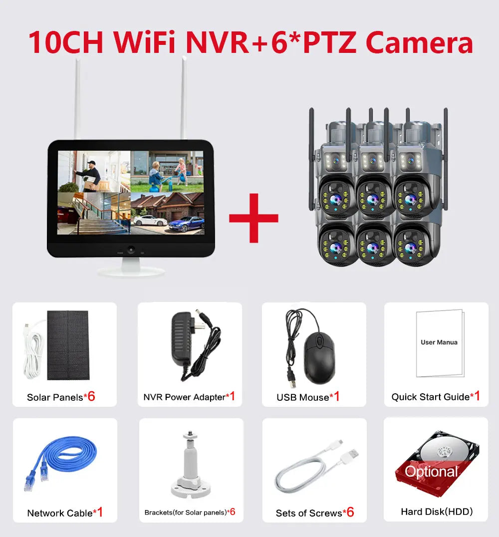 10CH 8MP Wifi Dual Lens PTZ Solar Camera Video Surveillance 12.5" LCD Monitor WIFI NVR Outdoor Auto Tracking Security Cam System