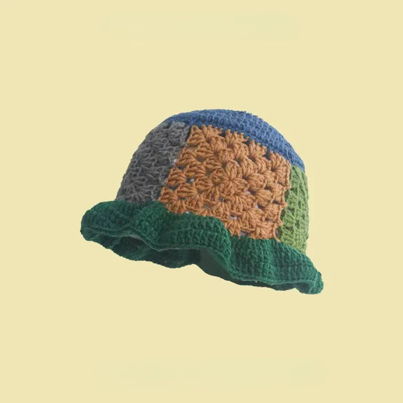 Korean Hand knit Crochet Bucket Hats Spring Summer Soft Straw Sun Hat Women Bucket Hats Plaid Designer Bob Fisherman Cap